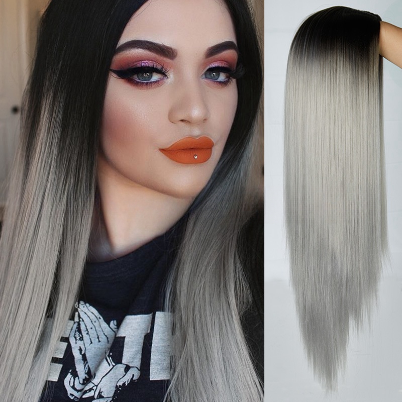 Hot selling wigs for women fashion dyed gradient color long straight hair wigs chemical fiber hair