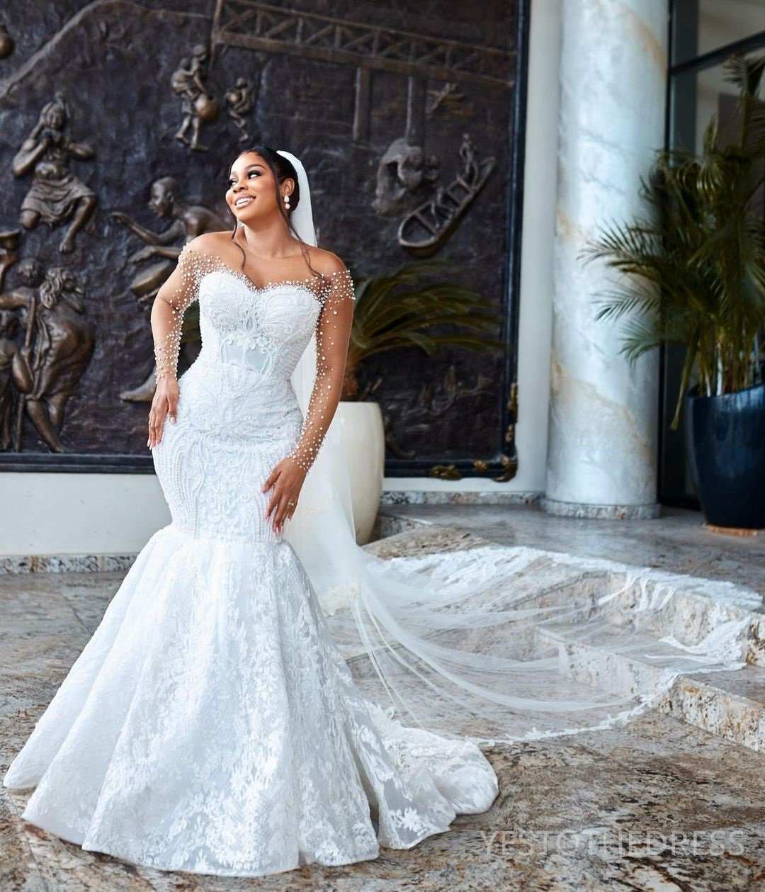 2024 Aso Ebi Mermaid Wedding Dress Bridal Gowns For Bride Sheer Neck Illusion Long Sleeves Appliqued Beaded Pearls Lace Wedding Gowns For Black Women 