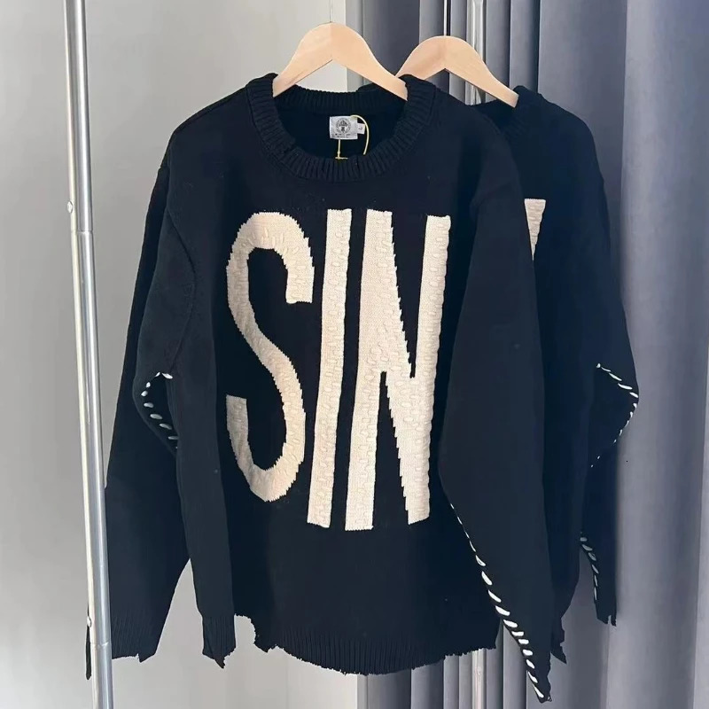 SAINT Knitted Sweatshirts SIN Letters Print Destruct Sweater OVERSIZE Casual Crew Neck Pullover 241025