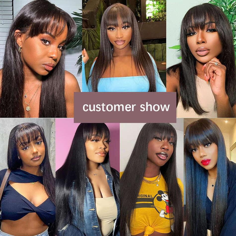 Wiggogo X Middle Part Lace Wig Bone Straight Human Hair With Bangs Full Machine Made Wigs For Women