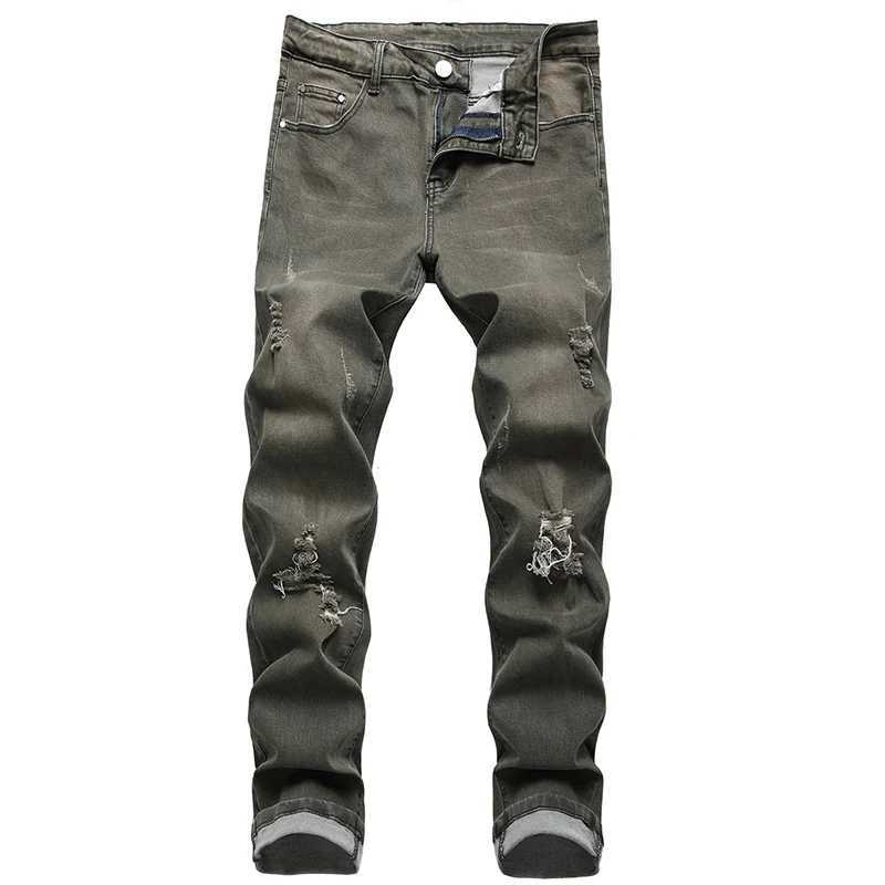Mens open top jeans autumn ultra-thin fit Distressed Strtwear denim pants casual retro bike jeans mens hip-hop Trouser Plus size 42 X241026