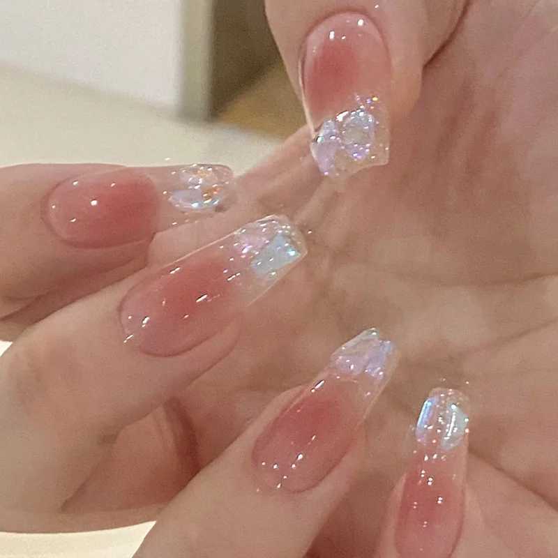 24 pieces of simple blue French fake nails with shiny butterfly pattern design medium and long ballet full set nails W241026