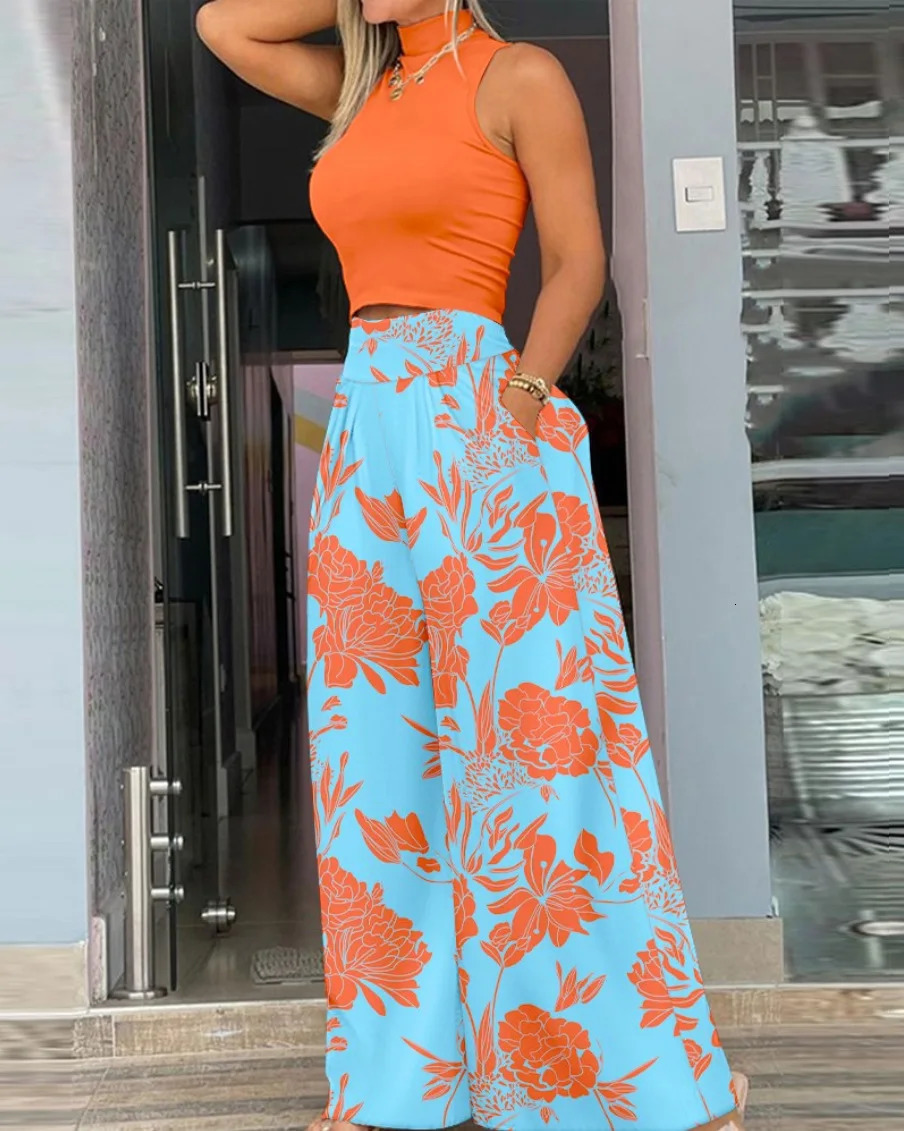 Plus size printed two-piece set for womens casual solid sleeveless vest wide leg pants two-piece set for fashion clothing 241025