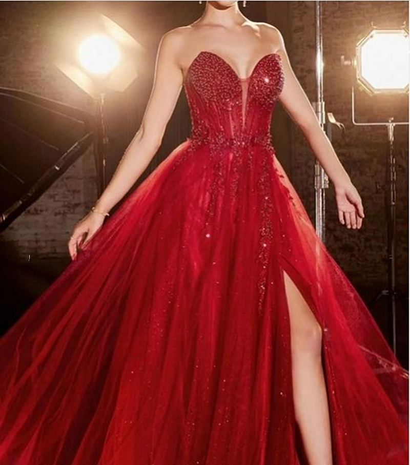 Beaded A Line Prom Dresses Side Split Long Dark Red Tulle Evening Gowns For Women 2025 Sleeveless Sweetheart Neckline Back Lace-Up Corset Pageant Part