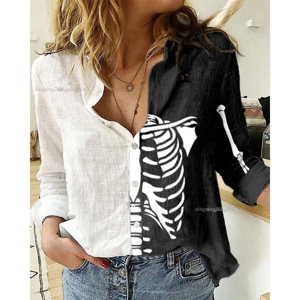 Women Casual Autumn Turn-down Collar Buttoned Skeleton Blouse Halloween Figure Print Colorblock Shirt 21302