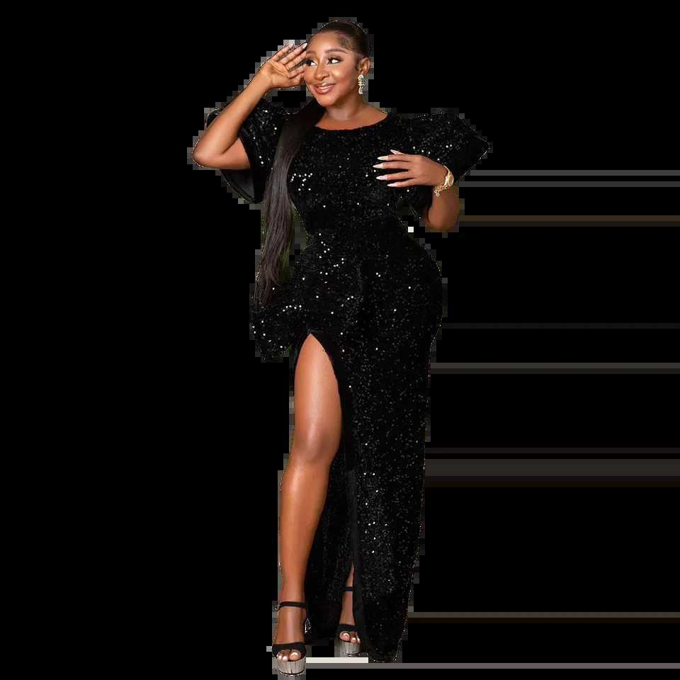 2023 rican-American Evening dress Black sequin round neck puffed sve high slit floor-length fishtail dressX241025