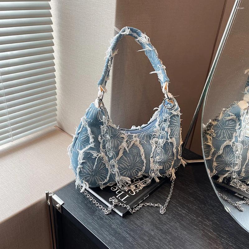 Drawstring Women Fashion Shoulder Bag Large Capacity Denim Underarm Top Handle Chain Strap Simple Satchel Purse For Outdoor Travel 7f1c