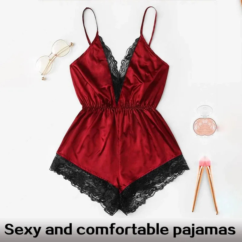 2025 New designer s sexy and fashionable lace patchwork fashion decoration one piece clothing backless bow shorts V neck jumpsuit women s sleepwear se