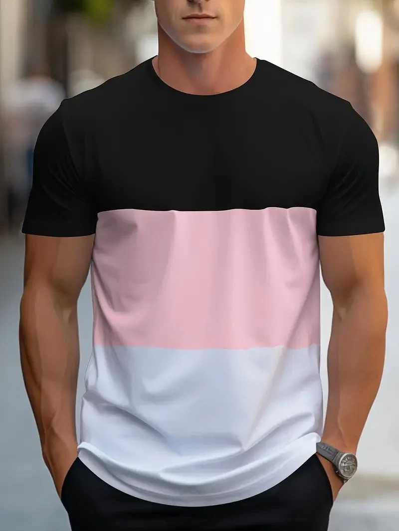 Summer new mens colorful geometric printed pattern casual loose street fitness high-quality casual mens T-shirtXJ250409