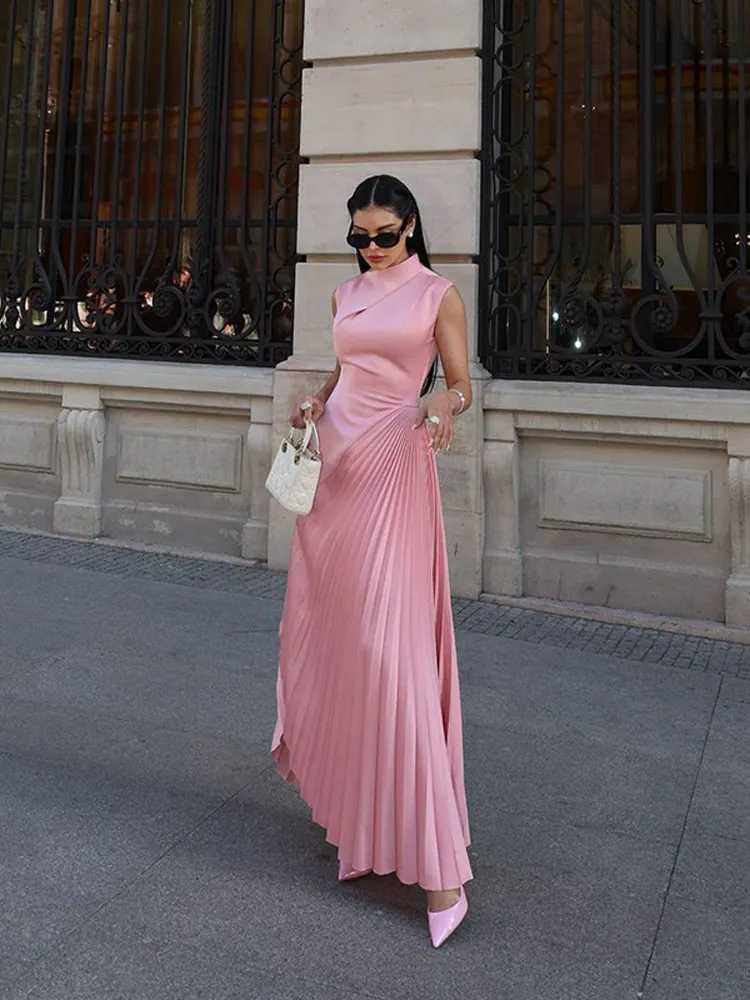 Pink Irregular Pleated Split Wrap Waist Maxi Dress Women Half High Collar Sveless Slim Vestidos Fe Evening GownX241025