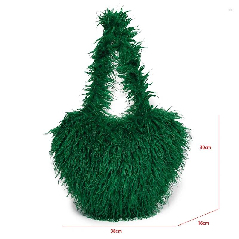 Drawstring Heart Shaped Faux Fur Shoulder Bag Fluffy Plush Women Handbags Cute Love Underarm Purse For 2024 Winter Shopper Tote