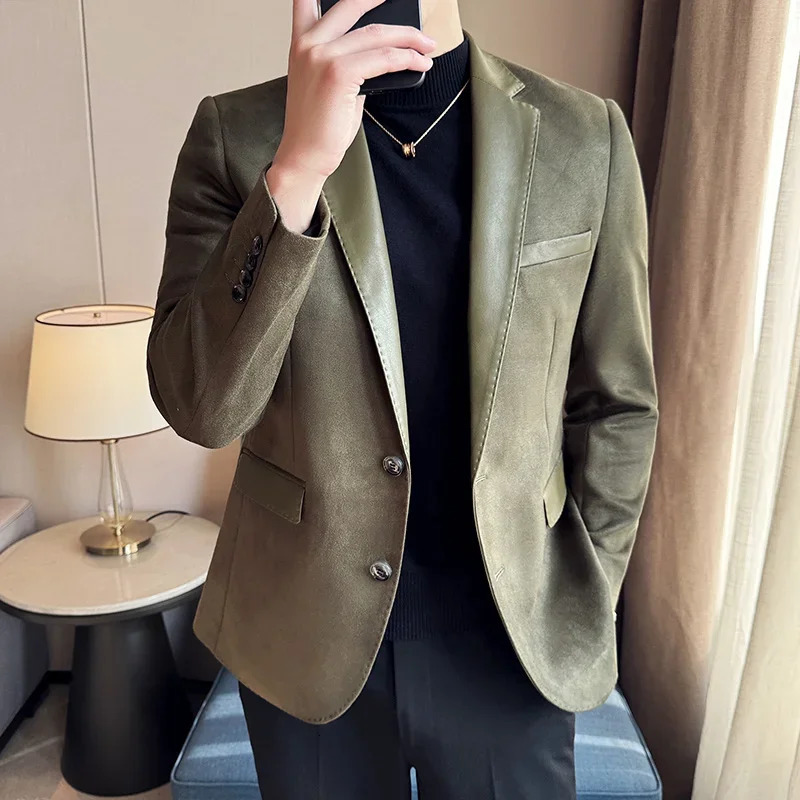 Mens Suede Set Jacket Korean Fashion PU Splicing Casual Business Jacket Masculino Office Social Dress Jacket Mens Wear 241024 - view 5