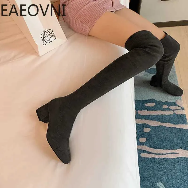 Stretch Cloth Long Women Fashion Slip On Square Heel Over The Knee High Boots Winter Shoes Ladies Elegant Mordern Booties H240709
