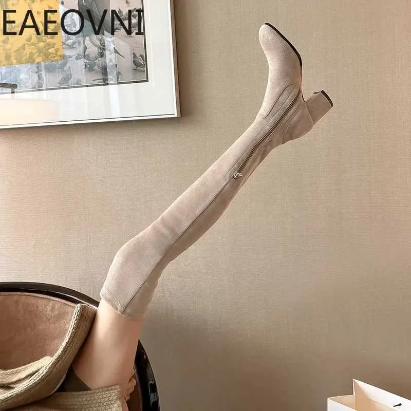 Stretch Cloth Long Women Fashion Slip On Square Heel Over The Knee High Boots Winter Shoes Ladies Elegant Mordern Booties H240709