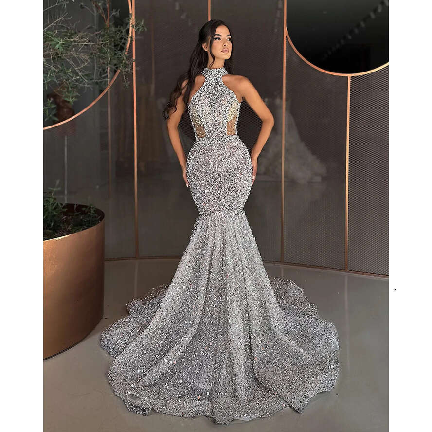 Sier Mermaid Elegant Evening Sequins Halter Formal Party Prom Dress Red Carpet Long Dresses For Special Ocn Es
