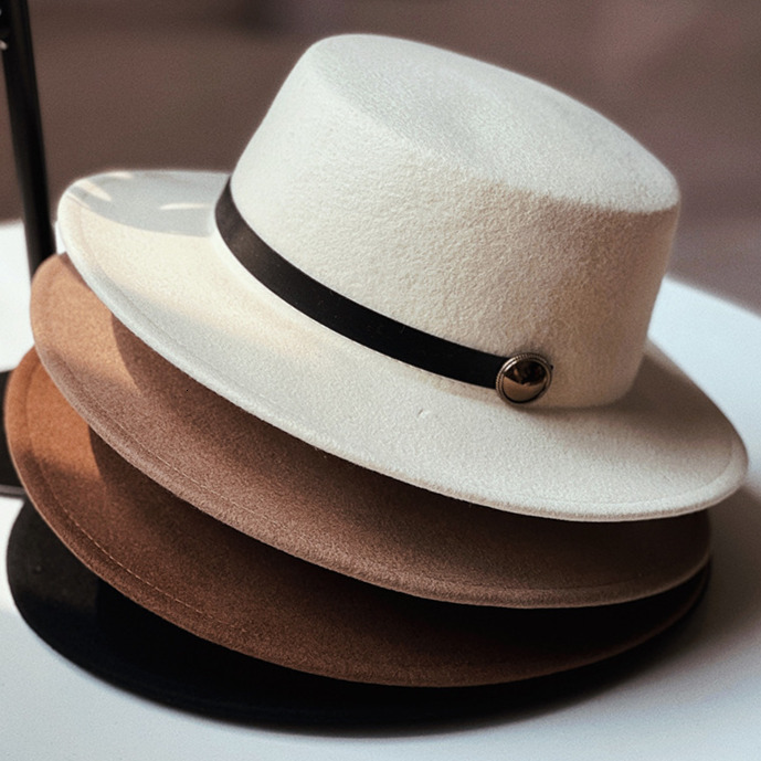 Flat top with elegant temperament, high-end autumn winter warmth, versatile felt hat for men and women