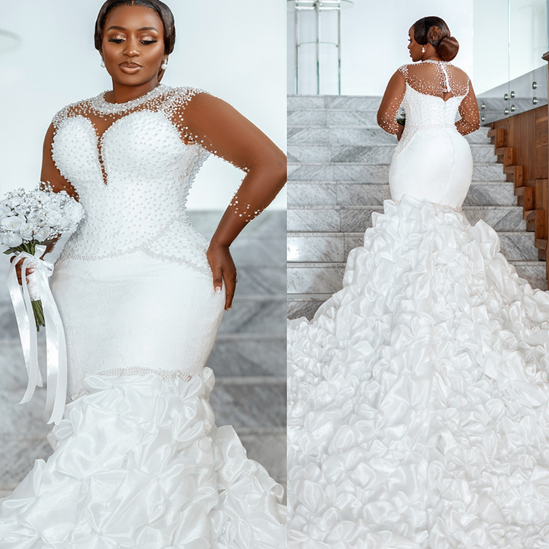 2024 Plus Size Mermaid Dress Bridal Bride Sheer Neck Long Sleeves Beaded Pearls Pleated Wedding Gowns For African Arabic Black Women D370