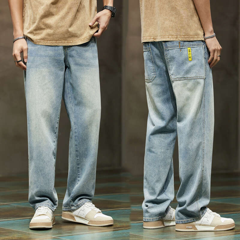 Baggy Mens Light Blue Loose Fit Straight Cut Oversized Large Size Men's Jeans 2024 New Arrival Male Full Lemgth Trousers