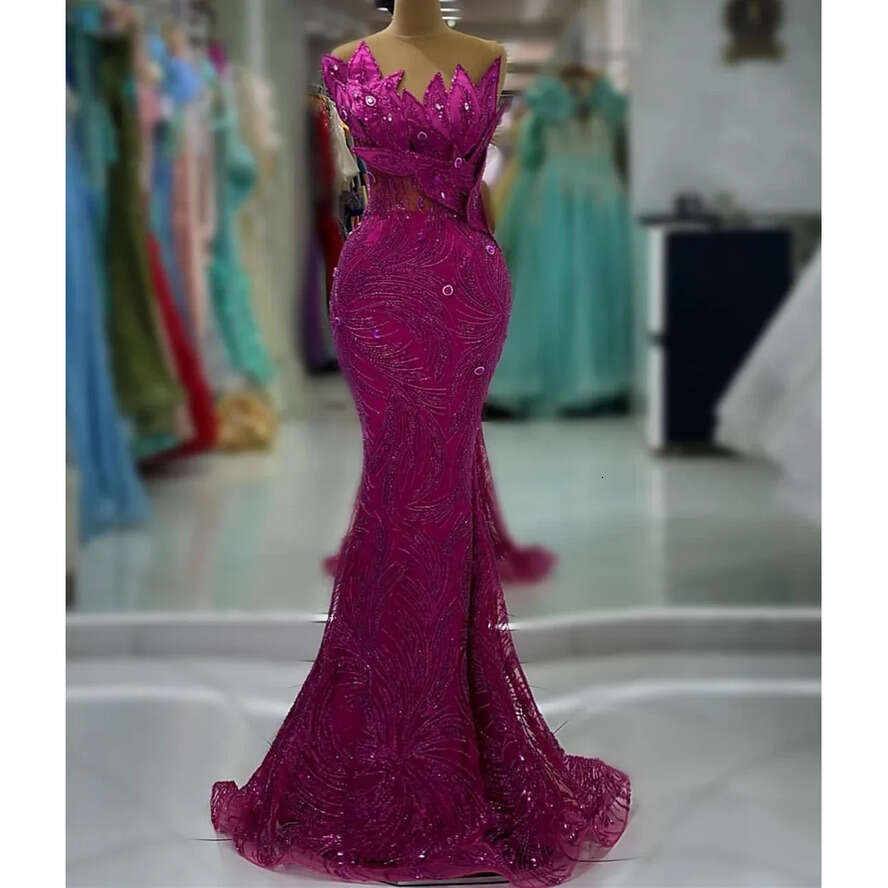 Arabic Ebi Aso Fuia Mermaid Prom Dress Crystals Sequined Lace Evening Formal Party Second Reception Birthday Engagement Gowns Dresses Robe De Soiree E