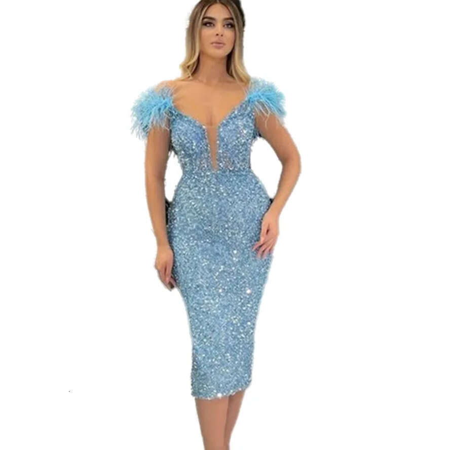 Champagne Sequins Sparkly Tea Length Evening Dresses Sheath Feather V Neck Short Prom Dress Glitter Pageant Party Gowns For Women Girls Special Ocn We