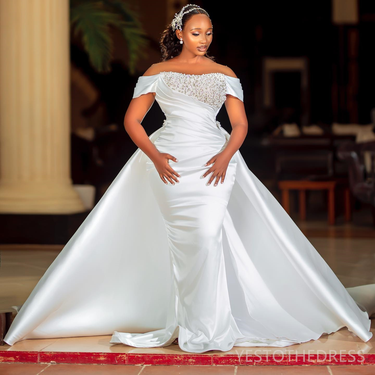 2025 Plus Size African Wedding Dress For Bride Bridal Gowns Detachable Train Illusion Mermaid Sheer Neck Satin Beaded Pearls Wedding Gowns For Black W