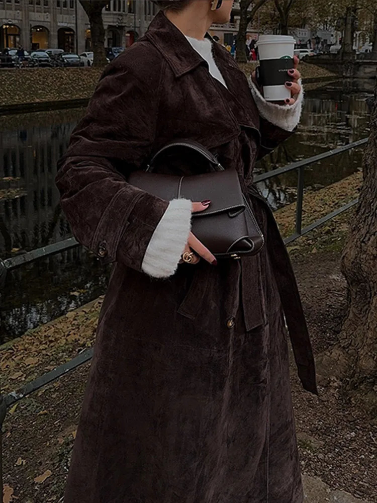 Brown suede womens winter jacket with retro collar double chest jacket womens high street trench jacket 241024