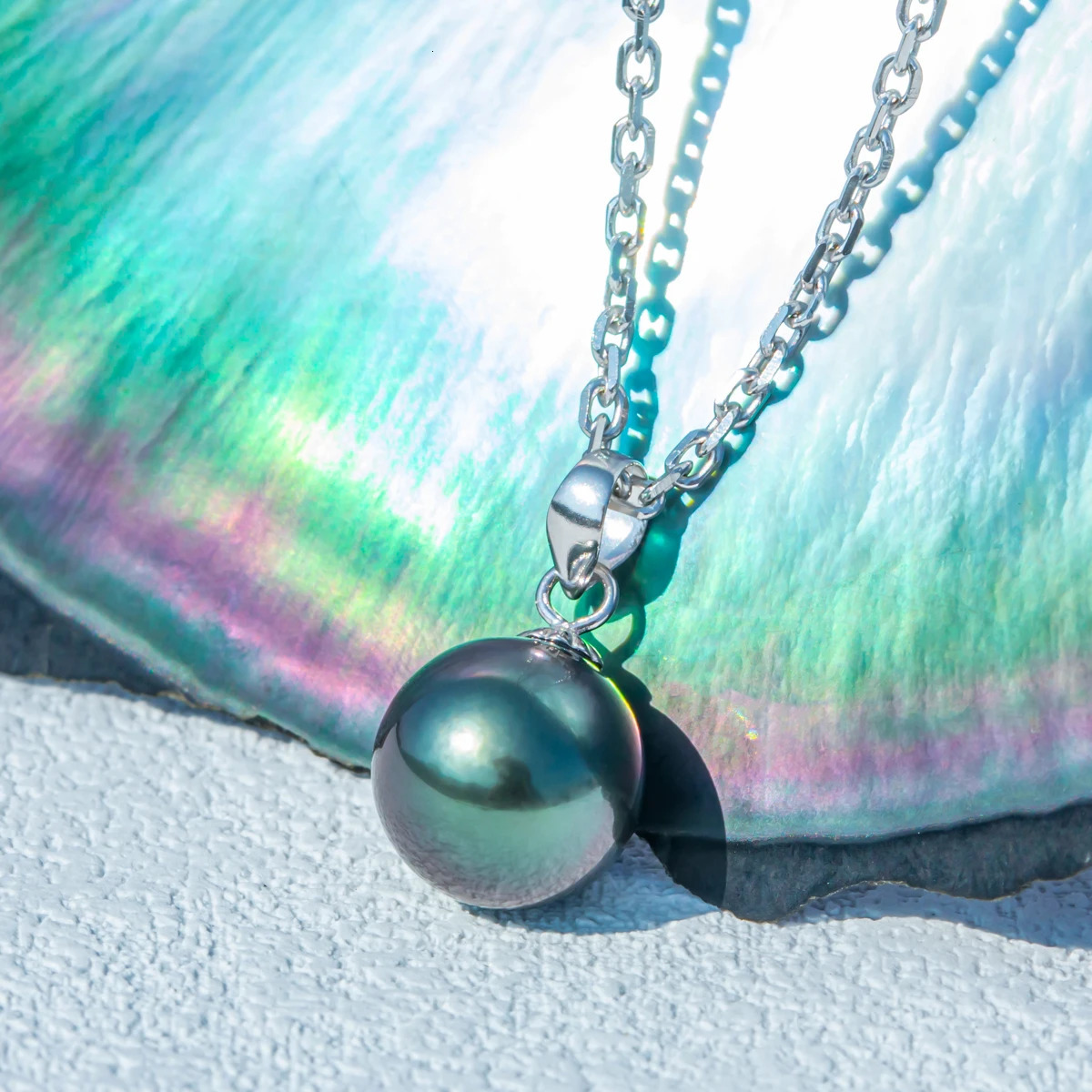 AnuJewel 18K white gold 9-1m natural Tahitian black pearl Mo silica pendant necklace silver chain sea pearl wholesale 241025
