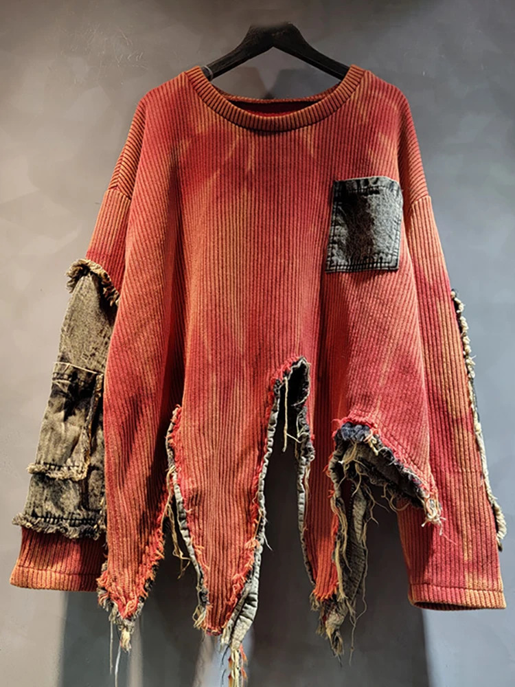 DEAT Womens Pullover Long Sleeve Tiedye Irregular Do Old Patchwork Vintage Loose Denim Sweater 2024 Autumn Fashion 29L8194 241025