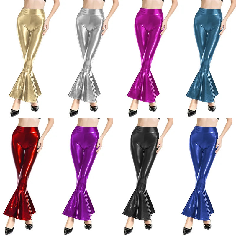 Womens shiny Flare Trouser metal pleated wide leg pants retro 70s disco hippie club clothing Bell bottom Trouser leggings 241025