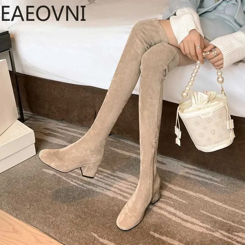 Stretch Cloth Long Women Fashion Slip On Square Heel Over The Knee High Boots Winter Shoes Ladies Elegant Mordern Booties H240709