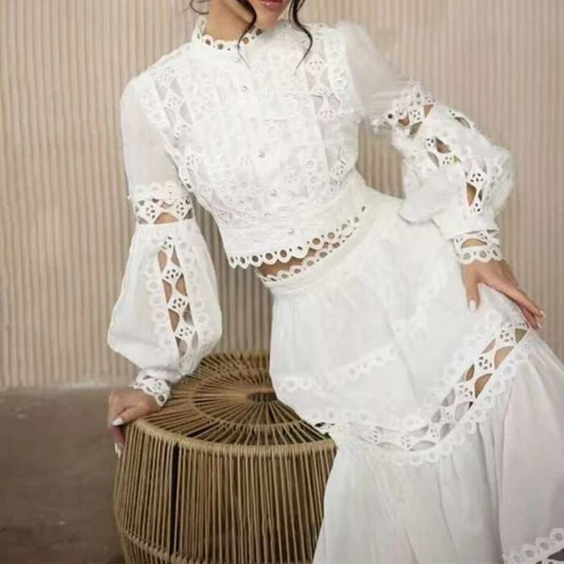 Spring French Embroidery Hook Flower Hollow Crochet Set Women 2 Pieces White Fashion Slim Top Skirt Suits Sexy Summer Suit 241025