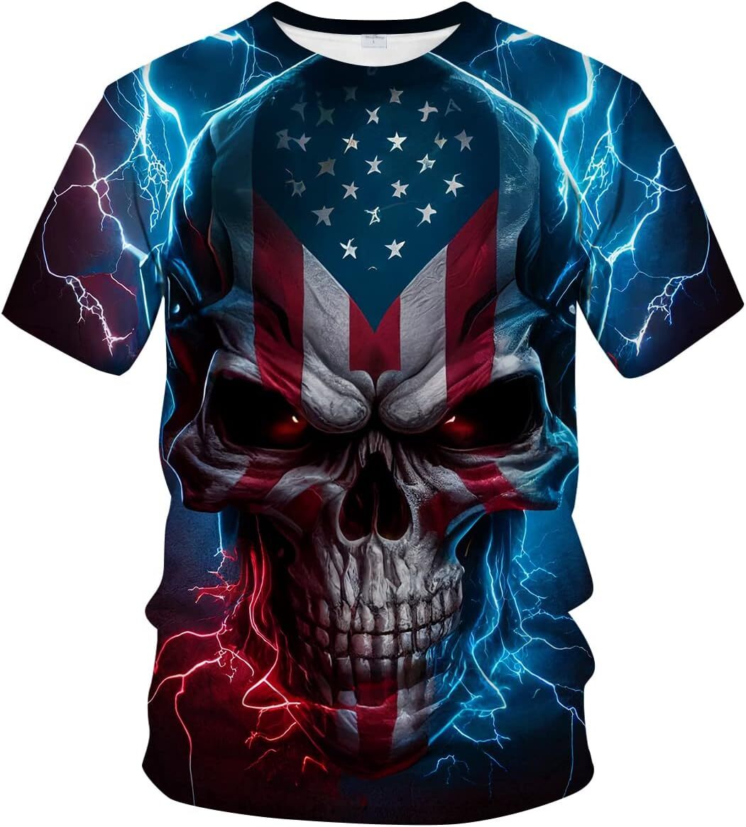 Mens T shirt Men's Lightning Skull T-Shirt Patriotic Theme Tee American Flag Graphic Top tee Casual tops summer clothes cool