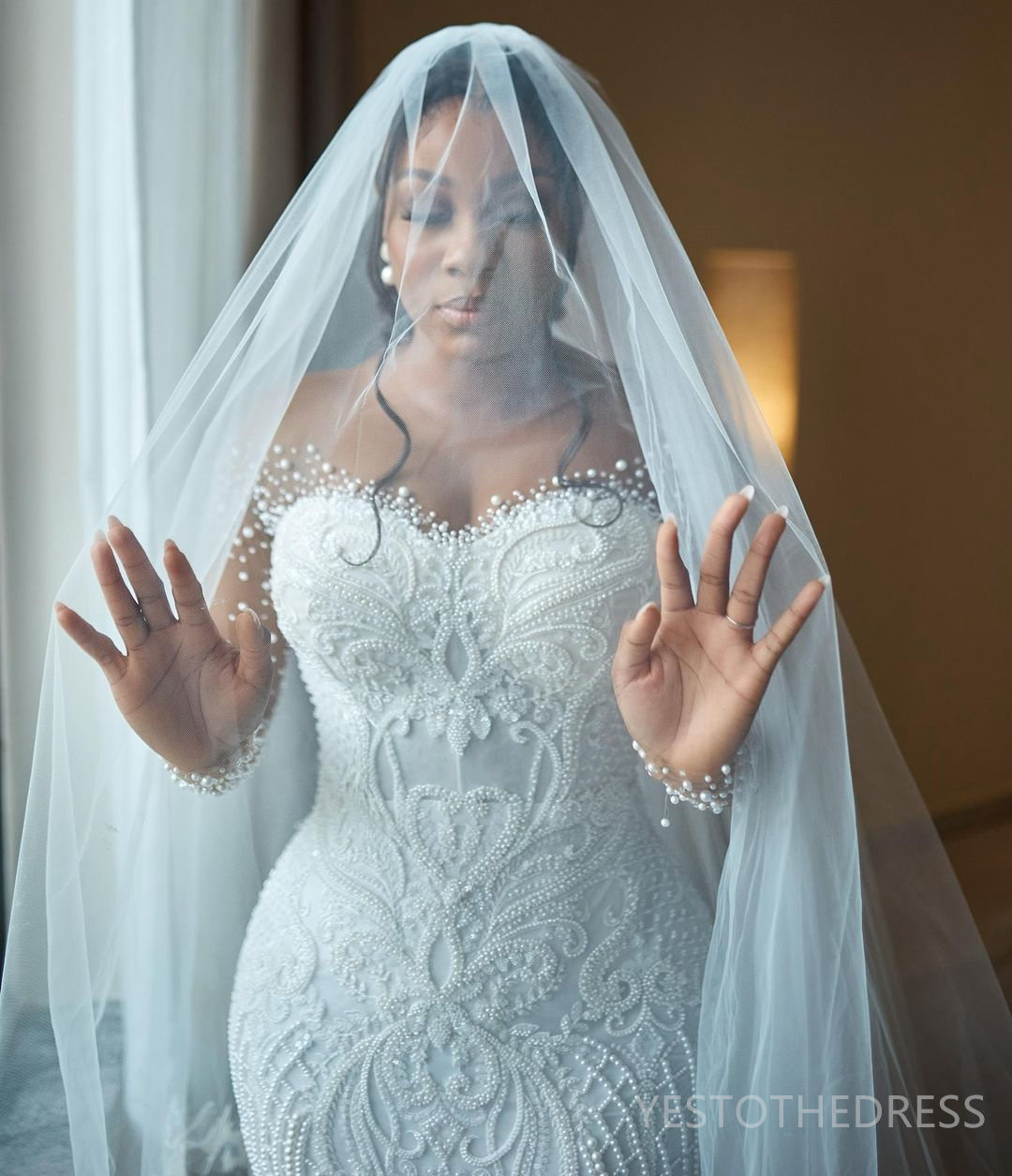 2024 Aso Ebi Mermaid Wedding Dress Bridal Gowns For Bride Sheer Neck Illusion Long Sleeves Appliqued Beaded Pearls Lace Wedding Gowns For Black Women 