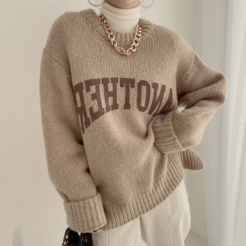 Korean Fashion Autumn and Winter Candy Color Sweater Pullovers for Women Loose Oversized Letter Knitted O Neck 241025