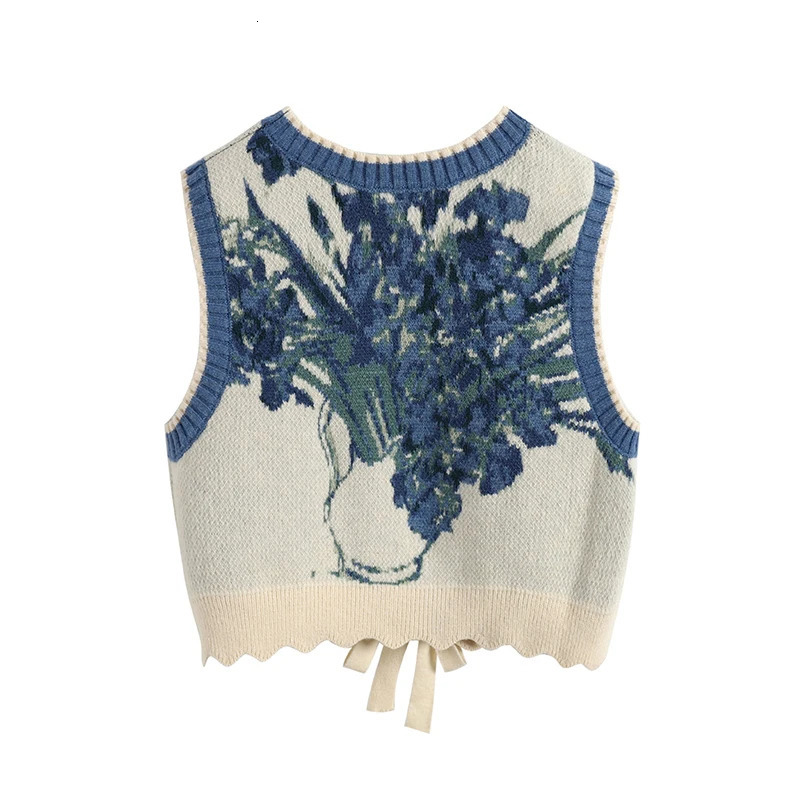 Vintage Sweater Vest Harajuku Print Sleeveless Knitted Waistcoat Streetwear Korean Cropped Bandage Knitwear Tank Top 241017
