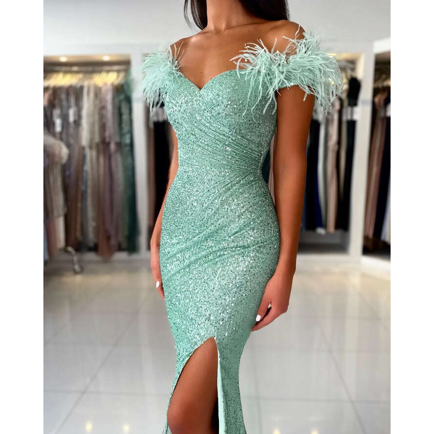 Green Glitter Mint Mermaid Prom Dress Feathers Off Shoulder Sequins Formal Evening Elegant Backless Dresses For Special Ocns Split Robe De Soiree Es