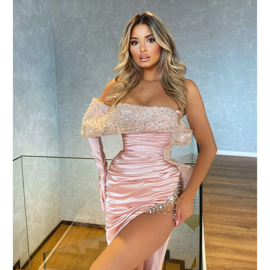 Evening Off Pink Sequins Pearls Shoulder Formal Mermaid Party Prom Dress Pleats Thigh Slit Dresses For Special Ocn Es