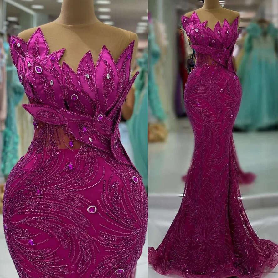 Arabic Ebi Aso Fuia Mermaid Prom Dress Crystals Sequined Lace Evening Formal Party Second Reception Birthday Engagement Gowns Dresses Robe De Soiree E