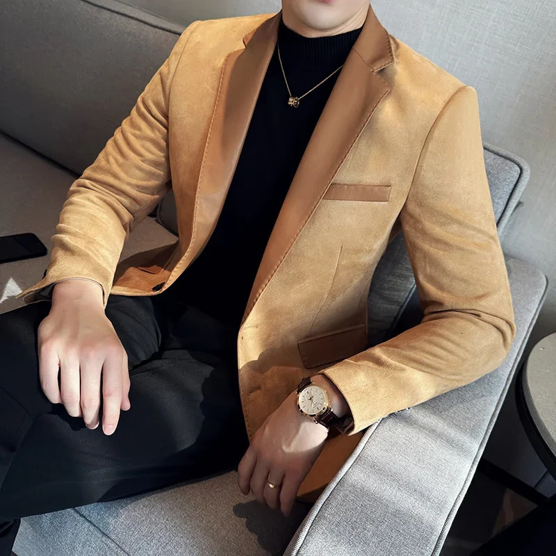 Mens Suede Set Jacket Korean Fashion PU Splicing Casual Business Jacket Masculino Office Social Dress Jacket Mens Wear 241024 - view 4