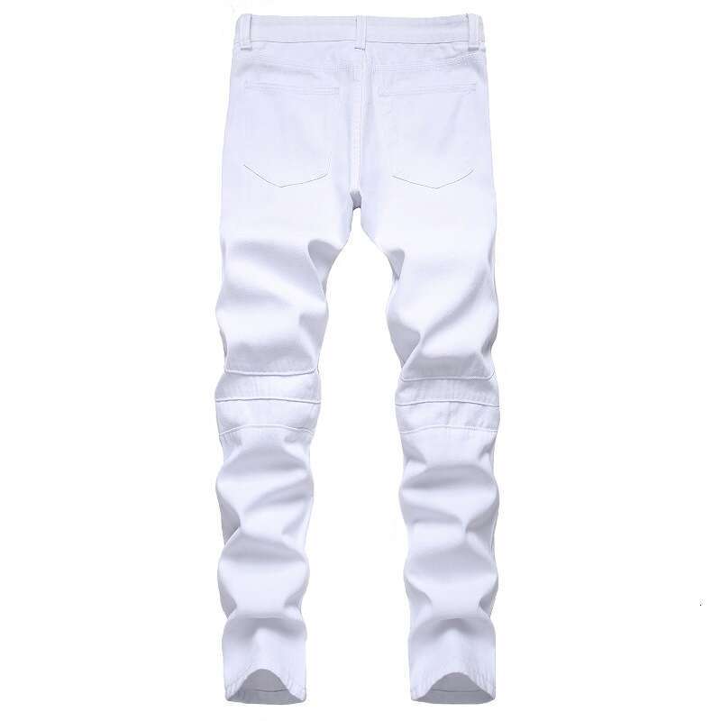Men White Skinny Plus Size 28-42 New European American Slim Fit Fold Trend Motorcycle Biker Jeans Denim Pants (No Belt)