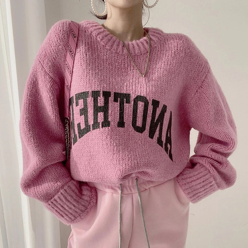 Korean Fashion Autumn and Winter Candy Color Sweater Pullovers for Women Loose Oversized Letter Knitted O Neck 241025