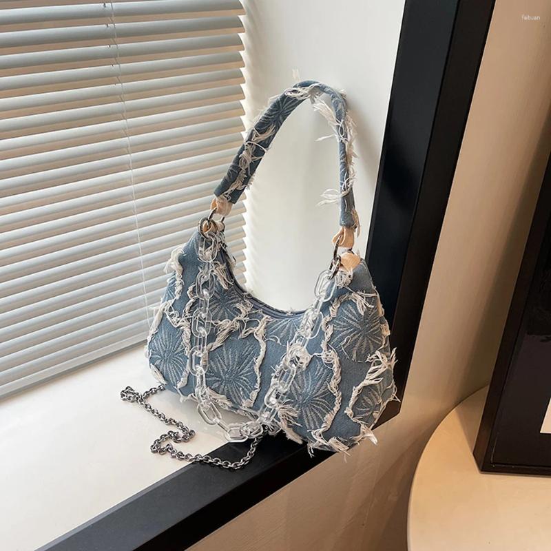 Drawstring Women Fashion Shoulder Bag Large Capacity Denim Underarm Top Handle Chain Strap Simple Satchel Purse For Outdoor Travel 7f1c