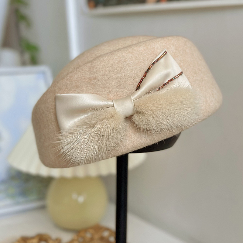 Concave beret, children's autumn and winter top mink fur bow, felt hat, flight attendant hat