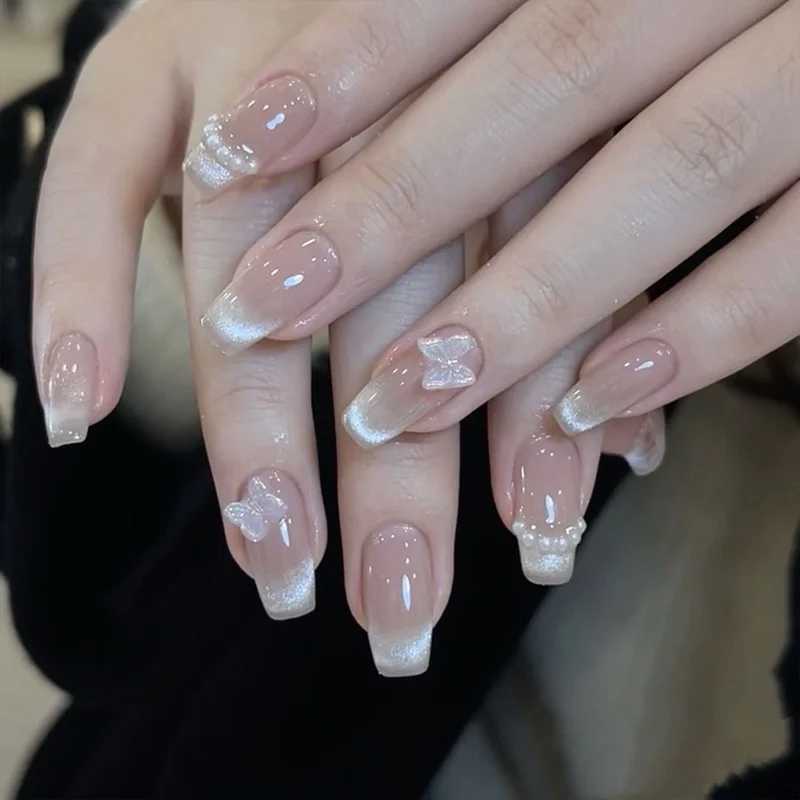 24 pieces of simple blue French fake nails with shiny butterfly pattern design medium and long ballet full set nails W241026