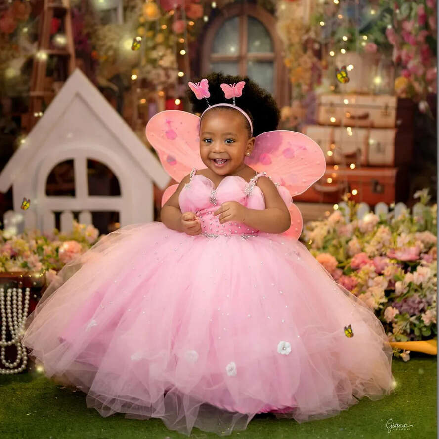 Girls 2024 Pink Wer Communion Gowns Spaghetti Straps Rhies Princess Queen Birthday Party Dress For Cute Little Girl F126