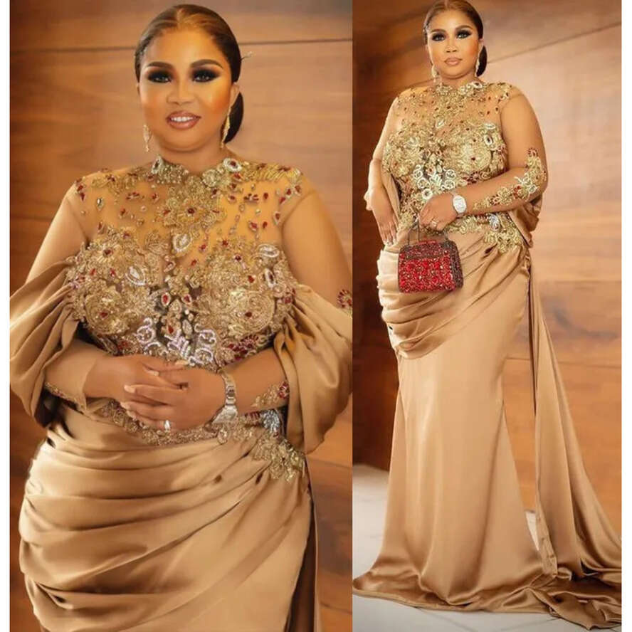 Ebi Gold Aso Mermaid Prom Dress Lace Crystals Satin Evening Formal Party Second Reception Birthday Engagement Gowns Dresses Robe De Soiree ZJ Es