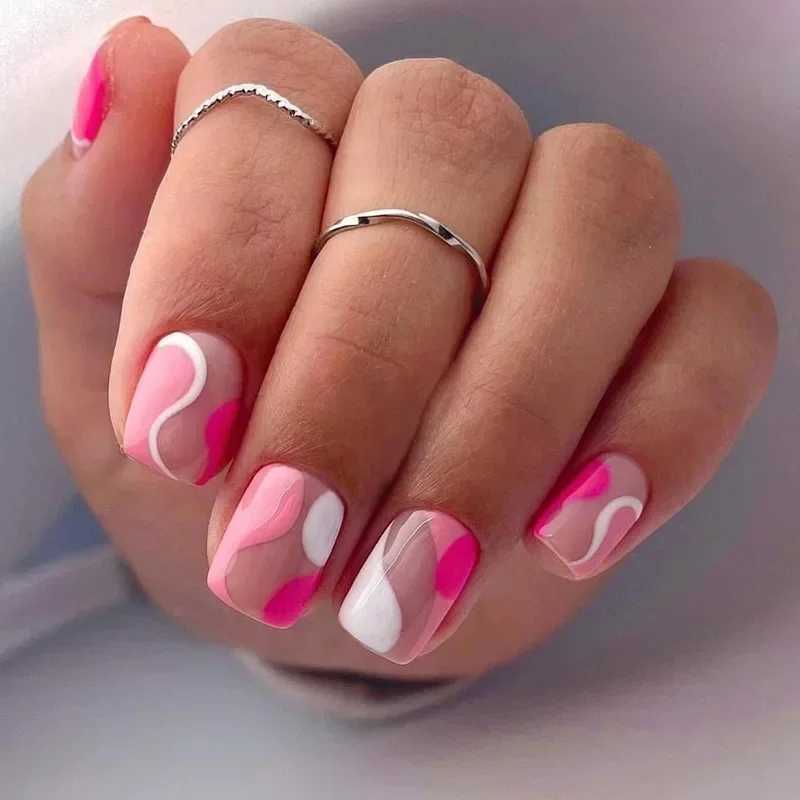 24pcs nude white French fake nails short square nail tips fashionable wearable fake nails with glue simple full set press nails W241026