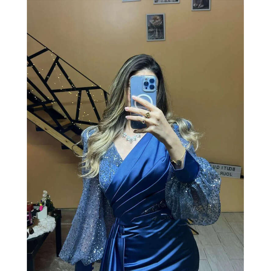 Dresses Navy Evening Party Sexy Women V Neck Long Sleeve Mermaid Satin Arab Fashion Celebrity Gowns Robe De 0218