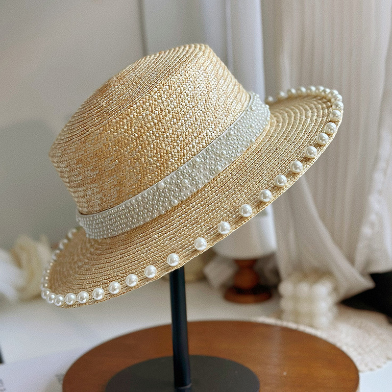 Flat top summer wheat straw nail bead, gentle romantic pearl wide eave sunshade and sun protection hat, vacation style grass hat for women