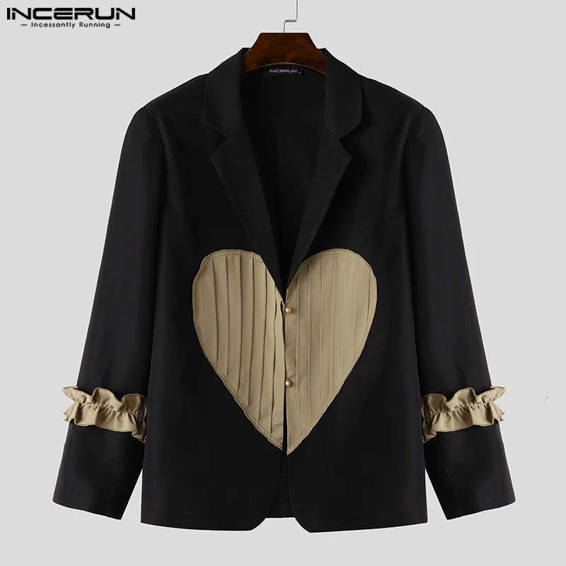 INCERUN Tops American style mens heart-shaped patchwork pattern sports jacket casual club wear mens long sleeved set Coats S-5XL 241024